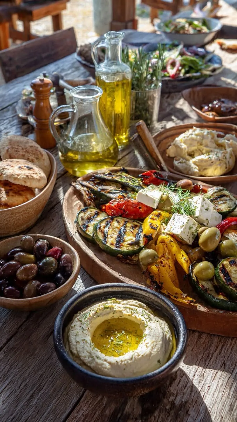 Mediterranean spread with grilled vegetables, feta, and olives