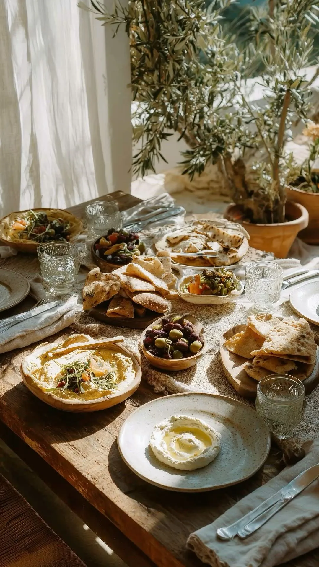 Sunlit Mediterranean table with hummus, pita, olives, and an olive branch