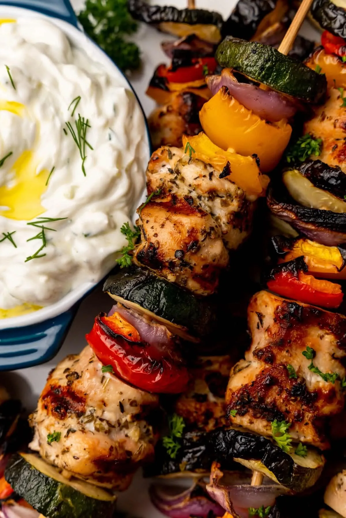 Char-grilled chicken kabobs with vegetables and a side of tzatziki