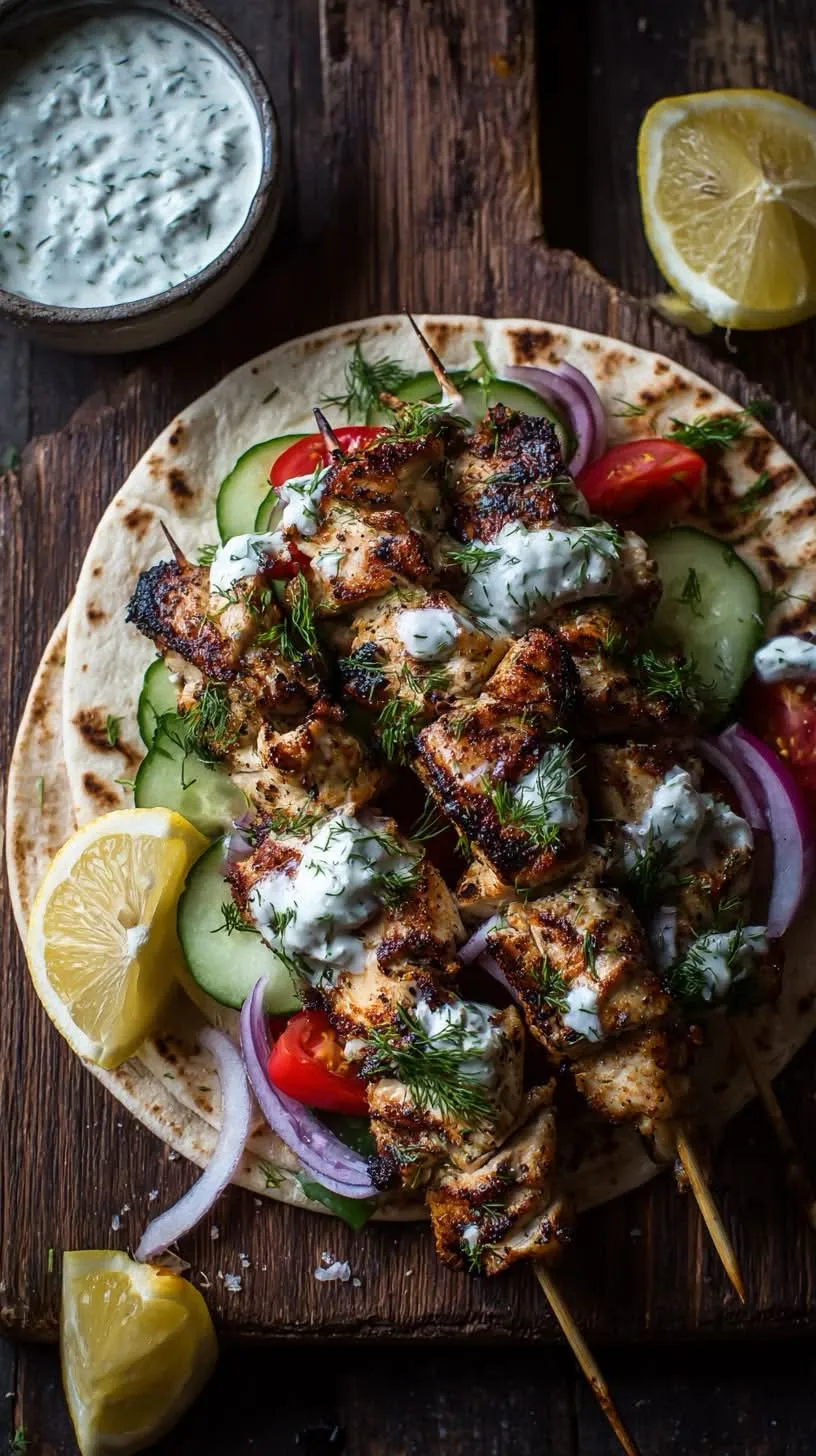 Chicken kabobs served over flatbread with cucumber, tomato, and dill yogurt